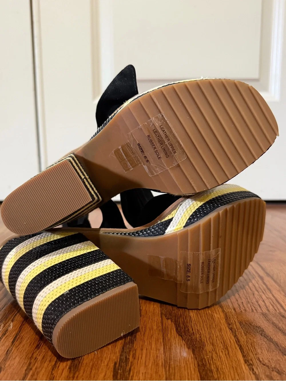 Black Suede Platform Sandals with Yellow and Brown Striped Wedge